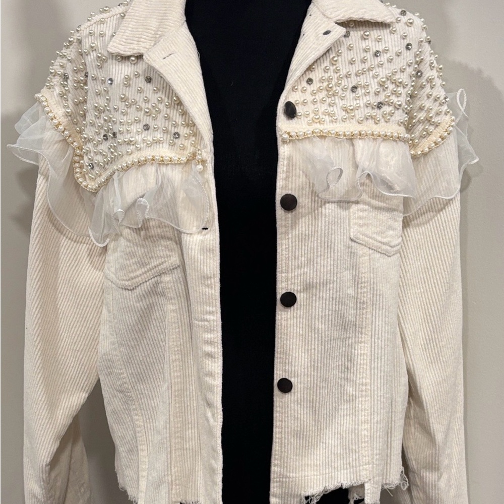 POL Cream Jean Jacket with Pearl Embellishments - Picture 2 of 8